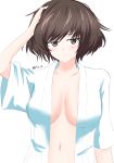  1girl absurdres aikir_(jml5160) akiyama_yukari bangs bathrobe blush breasts brown_eyes brown_hair closed_mouth commentary eyebrows_visible_through_hair girls_und_panzer half-closed_eyes hand_on_own_head highres large_breasts looking_at_viewer messy_hair navel open_clothes short_hair short_sleeves simple_background smile solo standing twitter_username upper_body white_background 