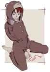  1girl animal_costume animal_ears asymmetrical_hair barefoot bear_costume bear_ears blood blood_writing brown_eyes brown_hair character_name closed_mouth commentary_request feet hair_tie highres hood hoodie iwakura_lain looking_at_viewer serial_experiments_lain short_hair soles solo toes 