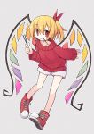  1girl alternate_costume asameshi blonde_hair blush_stickers commentary contemporary cross-laced_footwear crystal eyebrows_visible_through_hair flandre_scarlet food food_in_mouth full_body grey_background hair_ribbon high_tops holding holding_food leaning_forward long_sleeves pocky pocky_day pointy_ears raised_eyebrows red_eyes red_footwear red_ribbon red_sweater ribbon shoes short_hair shorts side_ponytail simple_background smile sneakers solo sweater touhou white_shorts wings 