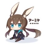  1girl amiya_(arknights) animal_ear_fluff animal_ears arknights blue_eyes brown_hair brown_legwear character_name chibi commentary dokumi full_body jacket long_hair pantyhose rabbit_ears simple_background sitting solo star white_background 