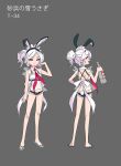  1girl absurdres alcohol alternate_costume alternate_hairstyle animal_ears ash_arms blush bunny_tail concept_art full_body grey_background highres looking_at_viewer looking_back maid navel ponytail rabbit_ears red_eyes short_hair silver_hair simple_background smile swimsuit tail translation_request vodka 