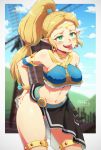  1girl absurdres ahegao artist_name bare_shoulders bent_over blonde_hair blurry blurry_background blush breasts collarbone commentary commission hair_ornament hand_on_ass highres jewelry large_breasts ledy long_hair low-tied_long_hair mill navel pointy_ears ponytail princess_zelda saliva smile solo the_legend_of_zelda the_legend_of_zelda:_breath_of_the_wild tongue tongue_out upper_teeth 