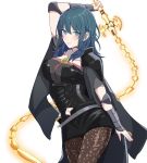  1girl arm_up armor blue_eyes blue_hair byleth_(fire_emblem) byleth_eisner_(female) closed_mouth fire_emblem fire_emblem:_three_houses highres holding holding_sword holding_weapon medium_hair monotiina navel navel_cutout pantyhose simple_background smile solo sword weapon white_background 