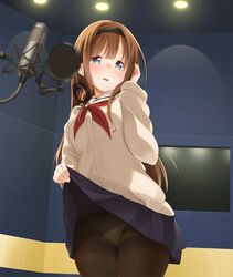  1girl black_headband blue_sky blush breasts brown_hair cowboy_shot headband headphones large_breasts long_hair microphone minase_shuu original panties panties_under_pantyhose pantyhose pop_filter recording_studio sailor_collar school_uniform serafuku skirt skirt_lift sky solo thighband_pantyhose thighs underwear 
