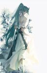  1girl absurdres back bangs dress frills green_eyes green_hair high_heels highres linzi long_hair pneuma_(xenoblade) ponytail ribbon solo swept_bangs very_long_hair wedding_dress white_background white_dress xenoblade_chronicles_(series) xenoblade_chronicles_2 