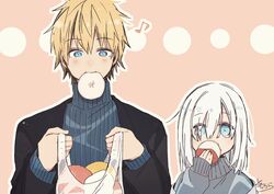  1boy 1girl ars_almal bag bangs baozi black_jacket blonde_hair blue_eyes blue_sweater brown_background closed_mouth commentary_request eating eighth_note ex_albio eyebrows_visible_through_hair food food_in_mouth grey_sweater hair_between_eyes highres holding holding_bag holding_food jacket long_hair long_sleeves mouth_hold musical_note nijisanji open_clothes open_jacket outline plastic_bag ribbed_sweater signature sleeves_past_wrists sofra sweater transparent turtleneck turtleneck_sweater upper_body virtual_youtuber white_hair white_outline 