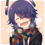  1girl ^_^ ^o^ artist_name blush checkered checkered_neckwear closed_eyes eyebrows_visible_through_hair eyepatch facing_viewer fur-trimmed_jacket fur_trim jacket kantai_collection kotobuki_(momoko_factory) messy_hair necktie open_mouth purple_hair scarf short_hair smile solo tenryuu_(kantai_collection) twitter_username upper_body 