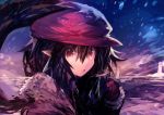  1girl :o absurdres alternate_costume bangs black_hair black_wings fur-trimmed_jacket fur_trim gloves hair_between_eyes hat highres jacket kaamin_(mariarose753) long_sleeves open_mouth outdoors red_eyes red_headwear shameimaru_aya short_hair snow snowing solo touhou upper_body wings 