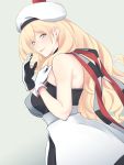  1girl beret blonde_hair blue_eyes blush breasts dress gradient gradient_background hair_between_eyes hat highres kantai_collection large_breasts long_hair looking_at_viewer mole mole_under_eye mole_under_mouth pom_pom_(clothes) richelieu_(kantai_collection) scarf shingyo smile solo strapless strapless_dress two-tone_dress two-tone_gloves two-tone_legwear 
