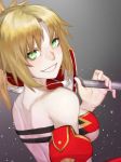  1girl absurdres aito bare_shoulders blonde_hair breasts commentary_request fate/apocrypha fate/grand_order fate_(series) green_eyes highres looking_at_viewer mordred_(fate) mordred_(fate)_(all) open_mouth ponytail short_hair sideboob simple_background smile solo sword weapon 