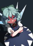  1girl black_background blue_eyes blue_hair blush bow cirno cowboy_shot crossed_arms green_bow hair_between_eyes huxiao_(mistlakefront) ice ice_wings looking_at_viewer puffy_short_sleeves puffy_sleeves ribbon shadow short_hair short_sleeves smile solo touhou wings 