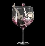  1girl bangs black_background black_skirt blush breasts closed_eyes collared_shirt cup drinking_glass highres holding in_container in_cup jewelry long_sleeves medium_breasts medium_hair necklace original partially_submerged shirt simple_background skirt solo tsukumizu_yuu white_shirt wine_glass 