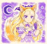  1girl animal_ears artist_name assam_(girls_und_panzer) bare_shoulders blonde_hair bow bowtie burafu closed_mouth crescent_moon cup dress fake_animal_ears fake_tail food fox_ears fox_tail frilled_sleeves frills fruit fur_collar girls_und_panzer grapes hair_pulled_back hair_ribbon halloween holding holding_cup holding_food long_hair looking_at_viewer moon off-shoulder_dress off_shoulder purple_background purple_dress purple_neckwear purple_ribbon purple_theme ribbon short_sleeves smile solo tail teacup upper_body violet_eyes wristband 
