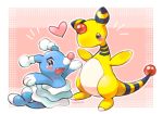 :d ampharos arms_up black_eyes blush brionne creature fang full_body gen_2_pokemon gen_7_pokemon heart looking_at_viewer open_mouth pink_background pokemon pokemon_(creature) signature smile standing tansho 