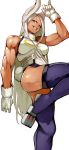  &gt;:) 1girl animal_ears arm_at_side arm_up ass bare_arms bare_shoulders biceps boku_no_hero_academia breasts bunny_tail dark_skin fur_collar gloves grin highleg highleg_leotard highres knee_up leotard long_hair looking_at_viewer medium_breasts mirko muscle muscular_female purple_legwear rabbit_ears shiny shiny_skin simple_background smile solo tail thigh-highs v-shaped_eyebrows very_long_hair violet_eyes white_background white_gloves white_hair yoshio_(55level) 