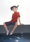  1boy absurdres barefoot black_hair blue_eyes blue_shorts chain-link_fence feet fence full_body glimo highres looking_up male_focus medarot outdoors pool poolside red_shirt shirt short_ponytail shorts smile solo tenryou_ikki watch watch 