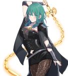  1girl arm_up armor byleth_(fire_emblem) byleth_eisner_(female) closed_mouth fire_emblem fire_emblem:_three_houses green_eyes green_hair highres holding holding_sword holding_weapon medium_hair monotiina navel navel_cutout pantyhose simple_background smile solo sword weapon white_background 