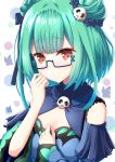  1girl absurdres bespectacled borumete bug butterfly detached_sleeves double_bun embarrassed flat_chest glasses gothic_lolita green_hair hair_ornament hair_ribbon highres hololive insect lolita_fashion portrait red_eyes ribbon short_hair skull solo uruha_rushia virtual_youtuber 
