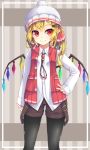  1girl alternate_costume beanie black_legwear blonde_hair bolo_tie brown_shorts commentary_request contemporary cowboy_shot crystal eyebrows_visible_through_hair flandre_scarlet hair_ornament hair_ribbon hairclip hand_on_hip hat highres long_hair long_sleeves looking_at_viewer pointy_ears pom_pom_(clothes) red_eyes red_ribbon red_vest ribbon shirt shorts side_ponytail smile solo striped striped_background suspenders_hanging touhou uumaru vest white_headwear white_shirt wings 