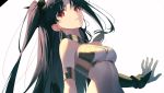  1girl armlet asymmetrical_sleeves bangs bare_shoulders black_hair breasts earrings elbow_gloves fate/grand_order fate_(series) gloves hair_ribbon highres hoop_earrings ishtar_(fate)_(all) ishtar_(fate/grand_order) jewelry long_hair medium_breasts pro-p red_eyes ribbon single_elbow_glove solo two_side_up upper_body 