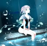  1girl aqua_eyes arm_support bangs breasts clock collarbone eyebrows_visible_through_hair jus1128 looking_at_viewer one-piece_swimsuit original personification ripples sailor_collar short_hair sitting small_breasts soaking_feet solo swimsuit tentacles water water_drop white_hair 