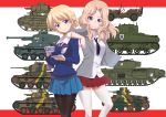  2girls anteater bangs bird black_legwear black_neckwear blazer blonde_hair blouse blue_eyes blue_skirt blue_sweater braid chi-hatan_(emblem) churchill_(tank) closed_mouth collared_blouse commentary cup darjeeling_(girls_und_panzer) dress_shirt duck elbow_on_another&#039;s_shoulder emblem eyebrows_visible_through_hair girls_und_panzer grey_jacket ground_vehicle hair_intakes head_tilt highres holding holding_cup holding_saucer jacket jeep kay_(girls_und_panzer) long_hair long_sleeves looking_at_viewer m4_sherman military military_vehicle miniskirt motor_vehicle multiple_girls necktie ooarai_(emblem) open_clothes open_jacket pantyhose pleated_skirt red_skirt saitaniya_ryouichi saucer saunders_(emblem) saunders_school_uniform school_uniform shirt short_hair side-by-side skirt sleeves_rolled_up smile st._gloriana&#039;s_(emblem) st._gloriana&#039;s_school_uniform standing sweater tank teacup thigh-highs tied_hair twin_braids type_3_chi-nu type_89_i-gou type_95_ha-gou type_97_chi-ha v-neck white_blouse white_legwear white_shirt wing_collar 