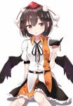  1girl :o arm_up belt bird_wings black_neckwear black_ribbon black_skirt black_wings breasts brown_hair commentary_request eyebrows_visible_through_hair feet_out_of_frame hair_between_eyes hat head_tilt highres holding_notebook iyo_(ya_na_kanji) looking_at_viewer notebook outstretched_leg parted_lips partial_commentary petticoat pointy_ears pom_pom_(clothes) puffy_short_sleeves puffy_sleeves red_eyes red_headwear ribbon shadow shameimaru_aya shirt short_hair short_sleeves sitting skirt small_breasts solo tokin_hat touhou two-tone_shirt untucked_shirt wings 