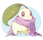  2018 blush chikorita commentary creature english_commentary full_body gen_2_pokemon looking_at_viewer milka_(milk4ppl) no_humans pokemon pokemon_(creature) purple_scarf red_eyes scarf signature simple_background smile solo standing white_background 