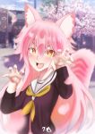  animal_ears cherry_blossoms commentary_request fangs highres murenase!_shiiton_gakuen okami_ranka open_mouth orange_eyes pink_hair school_uniform shiiton_gakuen_school_uniform tree wolf_girl zendrawr 