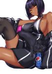  1girl bangs bare_shoulders black_jacket blush breasts can cat dark_skin highres jacket large_breasts long_sleeves looking_at_viewer original pepsi short_hair simple_background sitting soda_can spider_apple thighs white_background yellow_eyes 