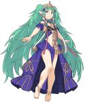  1girl bangs bare_shoulders blue_dress braid dress fire_emblem fire_emblem:_three_houses green_eyes green_hair long_hair navel no_shoes pink_ribbon pointy_ears revealing_clothes ribbon shiseki_hirame simple_background smile solo sothis_(fire_emblem) twin_braids very_long_hair white_background white_ribbon 