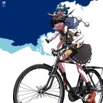  2girls artist_name bicycle black_footwear black_hair black_legwear bloomers blue_bow blue_eyes blue_hair blue_sky bow cirno clouds dress frilled_dress frilled_skirt frills ground_vehicle hair_bow hat highres huxiao_(mistlakefront) mary_janes multiple_girls open_mouth pom_pom_(clothes) puffy_short_sleeves puffy_sleeves red_eyes red_footwear shameimaru_aya shoes short_sleeves skirt sky socks tokin_hat touhou underwear white_legwear 