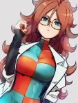  1girl android_21 black-framed_eyewear blue_eyes breasts checkered checkered_dress dragon_ball dragon_ball_fighterz dress earrings glasses grey_background hair_between_eyes hoop_earrings jewelry kemachiku labcoat large_breasts looking_at_viewer redhead simple_background solo 