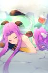  2girls animal bare_shoulders blush cis05 fate/grand_order fate_(series) fingernails forehead gorgon_(fate) long_hair medusa_(lancer)_(fate) monkey multiple_girls onsen purple_hair red_eyes scales sharp_fingernails violet_eyes 