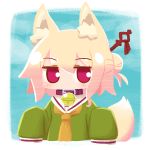  1girl animal_ear_fluff animal_ears bell bell_collar blonde_hair collar commentary_request fox_ears fox_girl fox_tail green_shirt hair_bun hair_ornament jingle_bell jitome kemomimi-chan_(naga_u) looking_at_viewer naga_u neckerchief original red_eyes shirt sleeves_past_fingers sleeves_past_wrists solo tail upper_body yellow_neckwear 