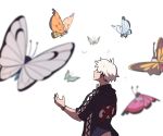  1boy bug butterfly closed_mouth creature flying gen_6_pokemon guzma_(pokemon) insect male_focus pokemon pokemon_(creature) pokemon_(game) pokemon_sm short_sleeves simple_background ssalbulre too_many upper_body vivillon watch watch white_background white_hair 