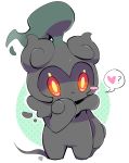  2017 closed_mouth creature frown full_body gen_7_pokemon heart marshadow milka_(milk4ppl) no_humans orange_eyes pokemon pokemon_(creature) polka_dot polka_dot_background signature simple_background solo speech_bubble spoken_heart standing white_background 