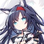  1girl animal_ear_fluff animal_ears arknights black_gloves black_hair blaze_(arknights) blue_eyes expressionless fingerless_gloves fox_ears gloves hairband jacket kurisu_tina long_hair looking_at_viewer open_clothes open_jacket portrait solo white_jacket zoom_layer 