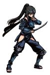  1girl bangs black_eyes black_hair breastplate commentary_request detached_sleeves full_body hair_between_eyes highres hip_vent horns kouno_hikaru long_hair looking_at_viewer ninja original ponytail short_sword solo sword weapon white_background 