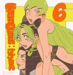  3girls artist_name bangs bare_shoulders black_hair blush_stickers copyright_name double_bun ermes_costello foo_fighters green_eyes green_hair green_lipstick hair_between_eyes hairlocs highres jojo_no_kimyou_na_bouken kuujou_jolyne leotard lipstick looking_at_another looking_at_viewer looking_up makeup medium_hair midriff multicolored_hair multiple_girls navel open_mouth parted_bangs ponytail profile shiny shiny_hair shirt short_hair sleeveless stone_ocean sweatdrop two-tone_hair zm877 