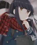  1girl aoshima_sakana black_hair blue_coat blush brown_eyes coat commentary_request eyebrows_visible_through_hair hatsuyuki_(kantai_collection) highres hime_cut jewelry kantai_collection long_hair long_sleeves machinery plaid plaid_scarf red_scarf ring scarf serious solo turret v-shaped_eyebrows wedding_band 