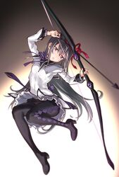  1girl akemi_homura arrow black_hair black_legwear bow_(weapon) floating_hair full_body grey_background grey_sailor_collar hair_ribbon highres holding holding_arrow holding_bow_(weapon) holding_weapon long_hair long_sleeves mahou_shoujo_madoka_magica neck_ribbon panties panties_under_pantyhose pantyhose parted_lips purple_ribbon red_ribbon ribbon sailor_collar sailor_shirt shiny shiny_hair shirt solo suzuki24 underwear very_long_hair violet_eyes weapon white_background white_shirt 