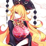  1girl bangs black_dress blonde_hair breasts commentary_request dress earrings hair_over_one_eye head_tilt headdress jewelry junko_(touhou) large_breasts long_hair long_sleeves looking_at_viewer neck_ribbon no_nose pointy_ears purple_sash raptor7 red_eyes ribbon sash solo tabard tassel touhou upper_body very_long_hair white_background yellow_neckwear yellow_ribbon 