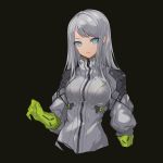  1girl absurdres bangs black_background blue_eyes cancell closed_mouth cropped_torso earrings gloves green_gloves grey_cardigan highres jewelry long_hair long_sleeves looking_at_viewer original shiny shiny_hair silver_hair simple_background solo swept_bangs 