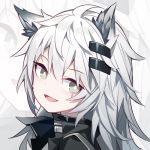  1girl animal_ear_fluff animal_ears arknights black_jacket grey_eyes hair_ornament hairclip jacket kurisu_tina lappland_(arknights) long_hair looking_at_viewer looking_to_the_side open_mouth portrait smile solo white_hair wolf_ears zoom_layer 