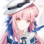  1girl arknights ceylon_(arknights) feathers gloves hand_up hat hat_ribbon kurisu_tina long_hair looking_at_viewer multicolored_hair orange_eyes pink_hair portrait ribbon smile solo streaked_hair white_gloves white_headwear zoom_layer 