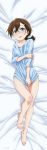  1girl absurdres bangs barefoot bed_sheet blue_eyes blue_shirt blush bottomless brown_hair collarbone dakimakura from_above full_body hair_between_eyes hair_ornament hairclip highres long_sleeves looking_at_viewer mukaigawara_ken naked_shirt open_mouth rifle_is_beautiful shibusawa_izumi shiny shiny_hair shirt shirt_tug short_hair short_ponytail solo thigh_gap 