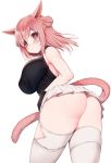  1girl animal_ears ass bare_shoulders blush bow bowtie breasts cat_ears cat_tail double_bun eyebrows_visible_through_hair final_fantasy final_fantasy_xiv from_behind highres himegi_you large_breasts leotard looking_at_viewer miqo&#039;te pink_eyes pink_hair pleated_skirt simple_background skirt solo tail thigh-highs whisker_markings white_legwear white_skirt 