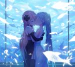  2girls aquarium arms_around_back black_dress black_gloves blue_hair closed_eyes collar commentary cowboy_shot dress elbow_gloves english_commentary flying_fish gloves glowing hair_ornament hands_on_another&#039;s_shoulders hatsune_miku highres kiss light_blush long_hair megurine_luka multiple_girls mutual_hug neriw pink_hair strapless strapless_dress twintails very_long_hair vocaloid white_dress yuri 