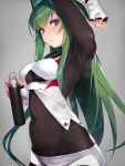  1girl arm_up armpits bangs blush bodysuit breasts closed_mouth commentary covered_navel fingerless_gloves frown gloves green_hair headgear highres holding lips long_hair long_sleeves looking_at_viewer medium_breasts menou_kaname original shorts skin_tight solo spray_can standing sweatdrop taishi_(picchiridou) very_long_hair violet_eyes 